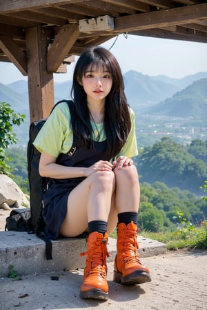 1girl, mountain climbing, beautiful, black hair, long hair, athletic, determined, nature, rocky terrain, (mountain peak:1.3), clear sky, sunlight, trees, (vivid colors:1.2), detailed expressions, dynamic pose, (rope:0.9), (carabiner:0.9), hiking boots, backpack, outdoor adventure, serene atmosphere, depth of field, realistic, ambient light, wide-angle lens, best quality, masterpiece.