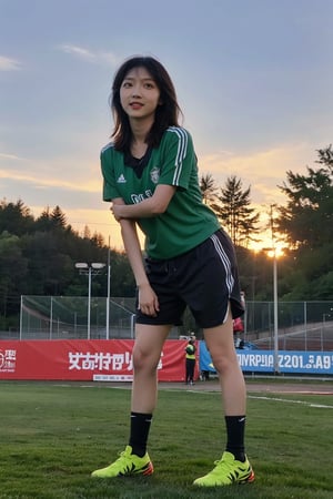 1girl, black hair, full body, soccer uniform, detailed facial features, bright eyes, Cleavage,athletic posture, standing, soccer cleats, green field, outdoor, sunny day, dynamic pose, high quality, masterpiece