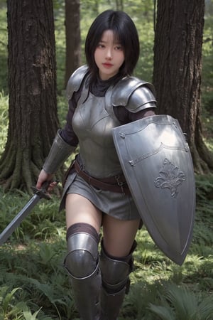 1girl, black hair, full body, armor, holding a sword and shield, forest background, (trees:1.2), (green leaves:1.3), (sunlight filtering through trees:1.1), detailed texture on armor, medieval style, determined expression, ready for battle, (shield design:0.8), (sword details:1.4), natural lighting, peaceful yet tense atmosphere, high resolution, best quality, masterpiece.