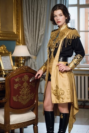 1girl, black hair, young, military general, full-body portrait, detailed uniform, (golden embroidery:1.2), epaulettes, (rank insignia:1.3), sharp eyes, determined expression, standing posture, holding a sword, (sword details:1.1), leather boots, (boot details:1.05), background suggestive of a war room, maps, strategy papers, dim lighting, realistic, depth of field, (cinematic composition:1.3), high resolution, best quality, masterpiece.