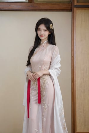 1girl, black hair, long hair, standing, full-body shot, smiling, Cheongsam (Chinese style dress), elegant, detailed eyes, blush on the cheeks, traditional Chinese architecture background, lanterns, red and gold colors, depth of field, realistic, soft light, cinematic composition:1.3, best quality, masterpiece