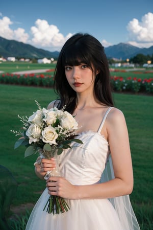 1girl, young woman,(25yo), black hair, long hair, detailed face, white wedding dress, holding a bouquet of roses, standing in a garden, smiling at the viewer, blooming flowers around, green grass, blue sky with fluffy clouds, realistic, ambient light, depth of field, (cinematic composition:1.3), soft focus on the subject, HDR, Accent Lighting, wide-angle lens, best quality, masterpiece