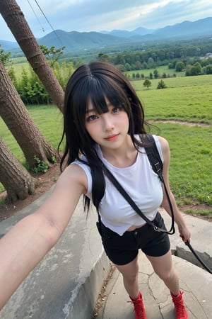 1girl, mountain climbing, beautiful, black hair, long hair, athletic, determined, nature, rocky terrain, (mountain peak:1.3), clear sky, sunlight, trees, (vivid colors:1.2), detailed expressions, dynamic pose, (rope:0.9), (carabiner:0.9), hiking boots, backpack, outdoor adventure, serene atmosphere, depth of field, realistic, ambient light, wide-angle lens, best quality, masterpiece.