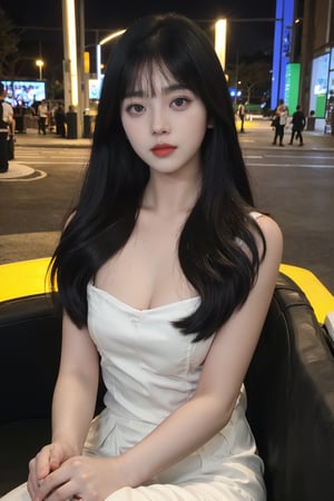 1girl, beautiful, black hair, long hair, sitting in a car, detailed eyes, light blush, looking at viewer, elegant dress, (mole under eye:0.8), street background, city lights, night time, realistic, ambient light, depth of field, (cinematic composition:1.3), HDR, Accent Lighting, wide-angle lens, best quality, masterpiece.