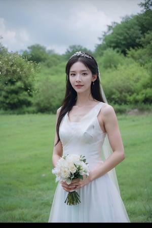 1girl, young woman,(25yo), black hair, long hair, detailed face, white wedding dress, holding a bouquet of roses, standing in a garden, smiling at the viewer, blooming flowers around, green grass, blue sky with fluffy clouds, realistic, ambient light, depth of field, (cinematic composition:1.3), soft focus on the subject, HDR, Accent Lighting, wide-angle lens, best quality, masterpiece