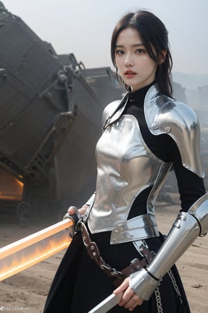 1girl, black hair, combat pose, (20yo), determined expression, glowing sword, shield, futuristic armor, dynamic action, energy effects, battlefield background, (explosion in distance:0.8), smoke, debris, high contrast lighting, (sword glow intensity:1.3), wide-angle lens, best quality, masterpiece.