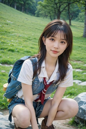 1girl, mountain climbing, beautiful, black hair, long hair, athletic, determined, nature, rocky terrain, (mountain peak:1.3), clear sky, sunlight, trees, (vivid colors:1.2), detailed expressions, dynamic pose, (rope:0.9), (carabiner:0.9), hiking boots, backpack, outdoor adventure, serene atmosphere, depth of field, realistic, ambient light, wide-angle lens, best quality, masterpiece.