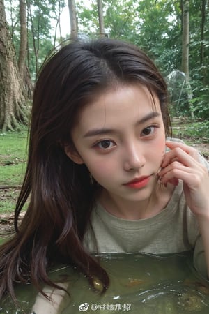 1girl, black hair, half body submerged in swamp, fearful expression, detailed eyes, (20yo:0.9), wet clothes, green mossy environment, brown water, bubbles, (mud on face:1.2), (fear:1.3), overcast sky, realistic, high resolution, cinematic composition, natural lighting, depth of field, wide-angle lens, best quality, masterpiece.