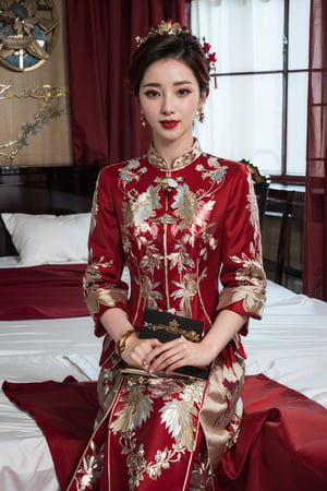  best quality,highly detailed,1girl,
a woman in a red and gold clothes, phoenix coronet,(sitting on red bed),blush,shy,black_hair, earrings,  indoors, jewelry, long_sleeves, red lips, tassel, Red quilt,(red palace:1.2),looking_at_viewer,smile