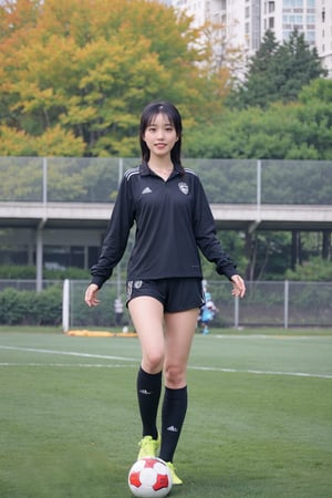 1girl, black hair, full body, soccer uniform, detailed facial features, bright eyes, Cleavage,athletic posture, standing, soccer cleats, green field, outdoor, sunny day, dynamic pose, high quality, masterpiece