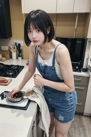 1girl, cooking, black hair, young, sexy, wearing apron, (beautiful detailed eyes:1.2), (cute smile:0.9), kitchen, stove, pots and pans, steam rising, chopping vegetables, (detailed fingers:1.3), focused expression, light blush, white tank top, short denim shorts, bare feet, (ambient light in kitchen:1.1), homely atmosphere, vivid colors, high-definition, realistic textures, (wide-angle lens:1.0), best quality, masterpiece.