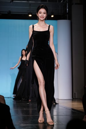 1girl, black hair, teenager, fashion model, smiling, full-body shot, runway, high heels, stylish outfit, (glowing skin:1.2), vibrant makeup, (eye contact with viewer:1.3), dynamic pose, spotlight on model, audience in background, blurred, fashion show atmosphere, elegant, (catwalk:1.0), best quality, masterpiece.