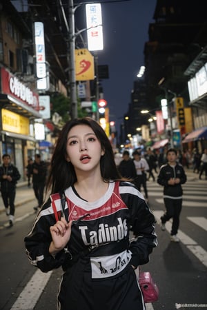 1girl, black hair, teenage, fearful expression, running, nighttime, city streets, alone, (dark shadows:0.8), (moonlight:1.2), blurred background motion, detailed face, wide eyes, open mouth, wind-blown hair, fast movement, urban environment, neon signs, streetlights, (panic:1.5), best quality, masterpiece