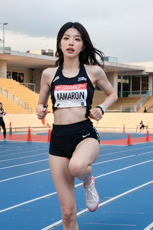 1girl, black hair, beautiful, marathon runner, competition, athletic outfit, running shoes, dynamic pose, sweating, determined expression, (track and field:1.3), sports track, clear sky, daytime, vibrant atmosphere, realistic style, wide-angle lens, best quality, masterpiece