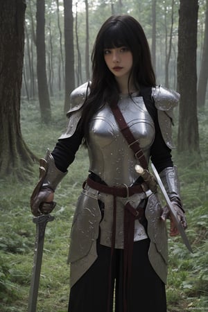 1girl, black hair, full body, armor, holding a sword and shield, forest background, (trees:1.2), (green leaves:1.3), (sunlight filtering through trees:1.1), detailed texture on armor, medieval style, determined expression, ready for battle, (shield design:0.8), (sword details:1.4), natural lighting, peaceful yet tense atmosphere, high resolution, best quality, masterpiece.