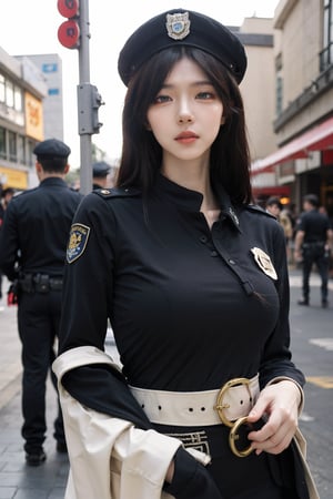 1girl, police officer, beautiful, black hair, long hair, detailed eyes, determined expression, patrolling, street, daytime, urban setting, uniform, hat, utility belt, handcuffs, baton, (20yo:0.8),sunlight, realistic, ambient light, depth of field, cinematic composition, wide-angle lens, best quality, masterpiece