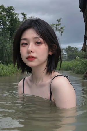 1girl, black hair, half body submerged in swamp, fearful expression, detailed eyes, (20yo:0.9), wet clothes, green mossy environment, brown water, bubbles, (mud on face:1.2), (fear:1.3), overcast sky, realistic, high resolution, cinematic composition, natural lighting, depth of field, wide-angle lens, best quality, masterpiece.