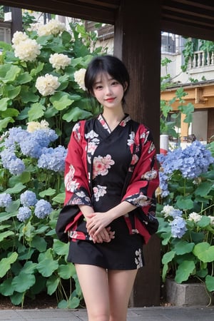 1girl, black hair, full body, standing, smiling, detailed eyes, (black hair:1.3), (kimono:1.2), (smiling:1.1), beautiful, elegant, peaceful expression, natural light, serene background, traditional Japanese setting, realistic, depth of field, ambient light, wide-angle lens, best quality, masterpiece