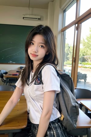 1girl, school uniform, beautiful, black hair, long hair, detailed eyes, looking at viewer, classroom setting, desk, smile,books, chalkboard, sunlight from window, (school bag:1.2), (uniform:1.3), high quality, masterpiece