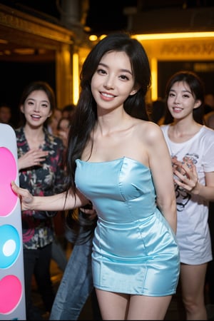 1girl, black hair, inebriated, nightclub, unsteady gait, smiling, neon lights, (20s), beautiful, detailed eyes, short dress, high heels, (joyful expression:1.2), crowd in the background, blurry, (disco ball reflection:0.9), colorful atmosphere, vibrant, depth of field, realistic, ambient light, wide-angle lens, best quality, masterpiece.