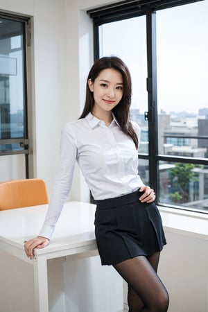 1girl, black hair, office setting, work uniform, standing pose, stockings, high heels, hands behind back, smiling, (young:1.2), elegant, professional, modern office interior, desk, computer, files, windows with city view, soft indoor lighting, depth of field, realistic style, (cinematic composition:1.3), best quality, masterpiece.