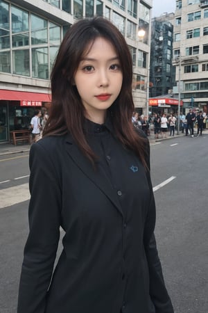 1girl, secret agent, black hair, long hair, (20yo), beautiful, detailed eyes, serious expression, black suit, black trousers, walking, city street, daytime, overcast sky, detailed background, realistic style, depth of field, ambient light, (cinematic composition:1.3), HDR, Accent Lighting, wide-angle lens, best quality, masterpiece.