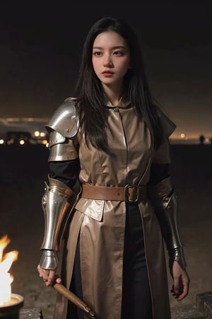 1girl, medieval armor, beautiful, black hair, long hair, detailed eyes, (17yo), elegant, standing pose, castle background, stone walls, torches, knights, horses, (ancient atmosphere:1.2), depth of field, realistic, ambient light, (cinematic composition:1.3), HDR, Accent Lighting, wide-angle lens, best quality, masterpiece