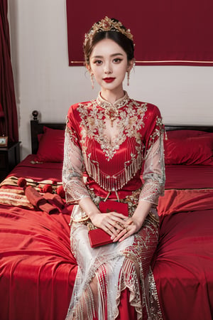  best quality,highly detailed,1girl,
a woman in a red and gold clothes, phoenix coronet,(sitting on red bed),blush,shy,black_hair, earrings,  indoors, jewelry, long_sleeves, red lips, tassel, Red quilt,(red palace:1.2),looking_at_viewer,smile