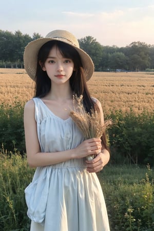 1girl, beautiful, black hair, long hair, farmer, field, agriculture, (18yo), innocent, detailed eyes, green dress, straw hat, holding scythe, wheat, sunset, peaceful, serene, rural, natural light, high resolution, best quality, masterpiece. 