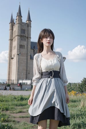 1girl, medieval, black hair, young lady, relaxed expression, detailed eyes, long hair, casual dress, (medieval dress:1.2), natural makeup, standing pose, grassy field, castle in the distance, sunny day, blue sky, fluffy white clouds, beautifully detailed background, depth of field, realistic, ambient light, (cinematic composition:1.3), HDR, Accent Lighting, wide-angle lens, best quality, masterpiece.