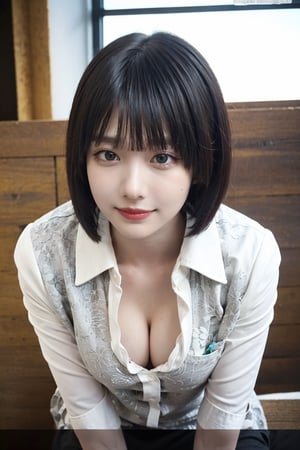 1girl, black hair, loose clothing, upper body, smiling, Cleavage,leaning forward, collar naturally falling, black lace underwear visible through collar, beautiful detailed eyes, light blush, looking at viewer, (cinematic composition:1.3), ambient light, HDR, Accent Lighting, wide-angle lens, best quality, masterpiece.