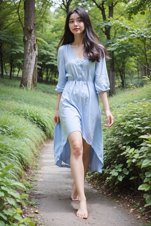 1girl, beautiful, solo, (17yo), stunning black hair, long hair, detailed eyes, walking in forest, green trees, sunlight filtering through leaves, colorful wildflowers, peaceful atmosphere, serene expression, flowy summer dress, barefoot, natural makeup, surrounded by nature, vibrant colors, depth of field, realistic, ambient light, (cinematic composition:1.2), wide-angle lens, best quality, masterpiece.