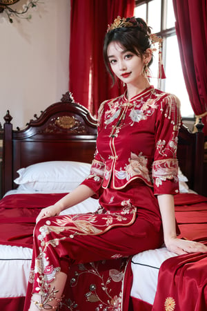  best quality,highly detailed,1girl,
a woman in a red and gold clothes, phoenix coronet,(sitting on red bed),blush,shy,black_hair, earrings,  indoors, jewelry, long_sleeves, red lips, tassel, Red quilt,(red palace:1.2),looking_at_viewer,smile