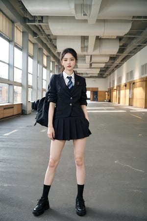 1girl, high school student, black hair,standing, full body, school uniform, (school building:1.2), (classroom:0.8), (school yard:1.0), (school corridor:0.9), (library:0.7), (gymnasium:0.6), best quality, masterpiece