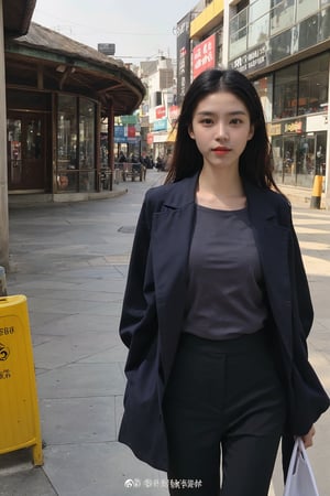 1girl, secret agent, black hair, long hair, (20yo), beautiful, detailed eyes, serious expression, black suit, black trousers, walking, city street, daytime, overcast sky, detailed background, realistic style, depth of field, ambient light, (cinematic composition:1.3), HDR, Accent Lighting, wide-angle lens, best quality, masterpiece.
