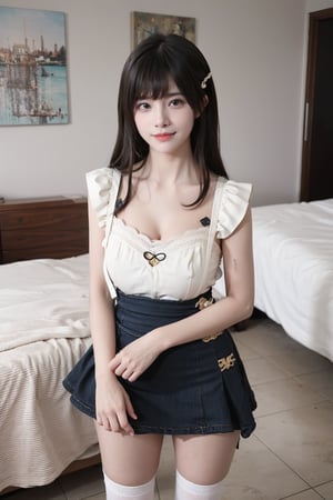 1girl, black hair, maid costume, ultra-short skirt, sexy, standing pose, full body shot, bedroom setting, smiling, (detailed eyes:1.2), (cute:1.1), flirty expression, lace trims, white apron, high socks, soft lighting, intimate atmosphere, best quality, masterpiece.