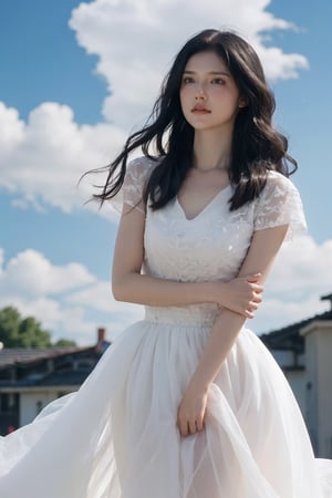 1girl, black hair, falling from the sky, dynamic motion, long flowing hair, mid-air, detailed eyes, light blush, white dress, arms spread, fantasy background, clouds, sky, wind effect on hair and dress, high detail, depth of field, realistic, ambient light, (cinematic composition:1.3), wide-angle lens, best quality, masterpiece.