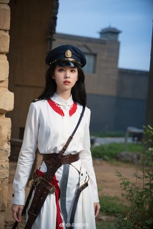 1girl, black hair, young, general, standing, full body, armor, sword, battlefield background, (captain's hat:1.2), (determined expression:1.3), (fierce gaze:1.4), medieval era, realistic, ambient light, cinematic composition, wide-angle lens, best quality, masterpiece.