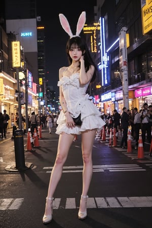 1girl, black hair, bunny girl costume, standing, full body, street background, cityscape, night time, neon signs, (sexy:0.8), beautiful, detailed eyes, playful pose, high heels, lacey stockings, (bunny ears:1.2), (tail:1.2), urban atmosphere, vibrant colors, (cinematic composition:1.3), wide-angle lens, best quality, masterpiece