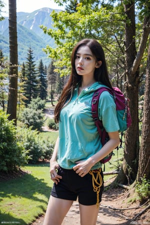 1girl, mountain climbing, beautiful, black hair, long hair, athletic, determined, nature, rocky terrain, (mountain peak:1.3), clear sky, sunlight, trees, (vivid colors:1.2), detailed expressions, dynamic pose, (rope:0.9), (carabiner:0.9), hiking boots, backpack, outdoor adventure, serene atmosphere, depth of field, realistic, ambient light, wide-angle lens, best quality, masterpiece.