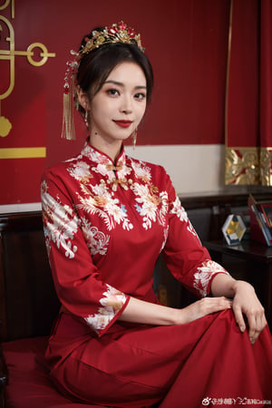  best quality,highly detailed,1girl,
a woman in a red and gold clothes, phoenix coronet,(sitting on red bed),blush,shy,black_hair, earrings,  indoors, jewelry, long_sleeves, red lips, tassel, Red quilt,(red palace:1.2),looking_at_viewer,smile