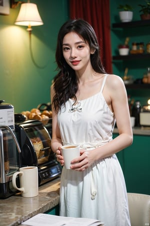 1girl, beautiful, black hair, long hair, smiling, coffee shop, sitting, (20yo:1.3), detailed eyes, light blush, white dress, (flowers in hair:1.1), looking at viewer, counter, espresso machine, cups, pastries, warm lighting, cosy atmosphere, beautifully detailed background, realistic, ambient light, (cinematic composition:1.3), HDR, Accent Lighting, wide-angle lens, best quality, masterpiece.