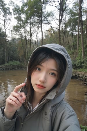 1girl, black hair, teenage, (20yo), survival scenario, wilderness, raining, wearing a jacket, waterproof, hood up, determined expression, holding a compass, surrounded by trees, muddy ground, puddles, mist, realistic, high dynamic range, depth of field, (cinematic composition:1.3), ambient light, wide-angle lens, best quality, masterpiece.