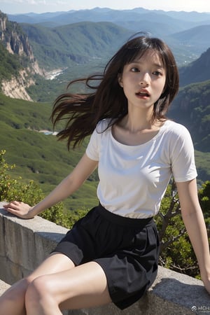 1girl, black hair, falling, cliff edge, panic expression, wind blowing hair, arms outstretched, (skirt billowing:1.2), rocky terrain below, (heightened sense of danger:1.3), dynamic motion, high detail, realistic style, ambient lighting, (shocking moment:1.5), HDR, wide-angle lens, best quality, masterpiece.