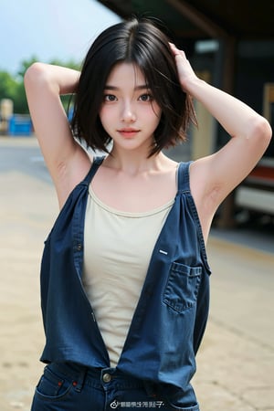 1girl, young woman, portrait, (18yo), black hair, short hair, smiling,(arms behind head:1.2),  detailed facial expressions, clear skin, bright eyes, (sexy wear), simple background, soft lighting, warm tone, realistic style, ambient light, (cinematic composition:1.2), wide-angle lens, best quality, masterpiece.