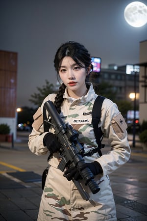 1girl, black hair, beautiful, detailed eyes, (18yo), determined expression, combat uniform, camouflage pattern, holding a rifle, firing pose, battlefield background, smoke, explosions in distance, ruined buildings, (moonlight:1.2), realistic, dynamic lighting, high-contrast, depth of field, (cinematic composition:1.3), gritty textures, wide-angle lens, best quality, masterpiece.