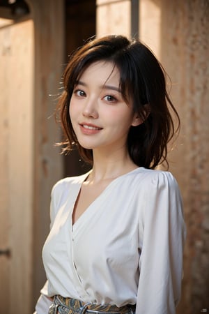 1girl, young woman, portrait, (18yo), black hair, short hair, smiling, detailed facial expressions, clear skin, bright eyes, casual wear, simple background, soft lighting, warm tone, realistic style, ambient light, (cinematic composition:1.2), wide-angle lens, best quality, masterpiece.