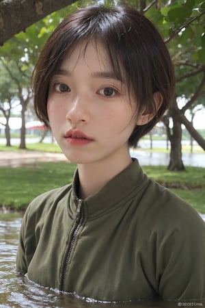 1girl, black hair, half body submerged in swamp, fearful expression, detailed eyes, (20yo:0.9), wet clothes, green mossy environment, brown water, bubbles, (mud on face:1.2), (fear:1.3), overcast sky, realistic, high resolution, cinematic composition, natural lighting, depth of field, wide-angle lens, best quality, masterpiece.