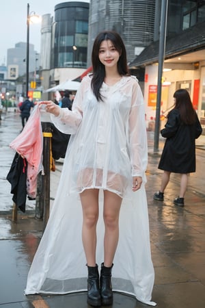 1girl, black hair, standing, full body, transparent raincoat, smiling, (beautiful eyes:1.2), (long hair:1.3), (transparent raincoat:1.5), urban background, light rain, puddles, city street, evening time, warm ambient light, (vivid colors:1.3), high resolution, best quality, masterpiece