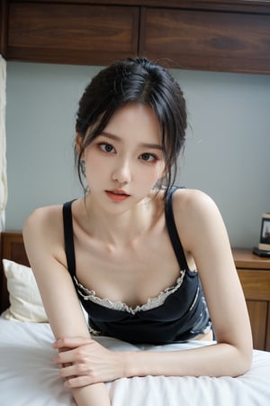 1girl, black hair, seductive, charming, lace lingerie, (20yo), sexy, beautiful detailed eyes, long hair, lying on bed, (bed:1.3), realistic, ambient light, best quality, masterpiece